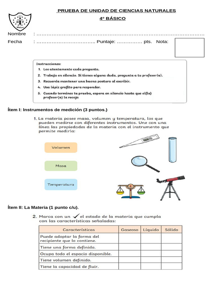 Prueba De Ciencias Naturales 4° Básico Pdf 