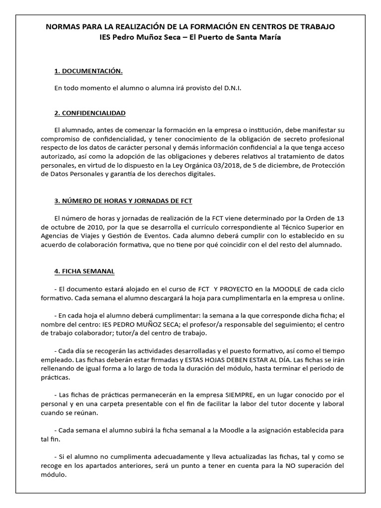 Normas para Formación en Centros de Trabajo | PDF