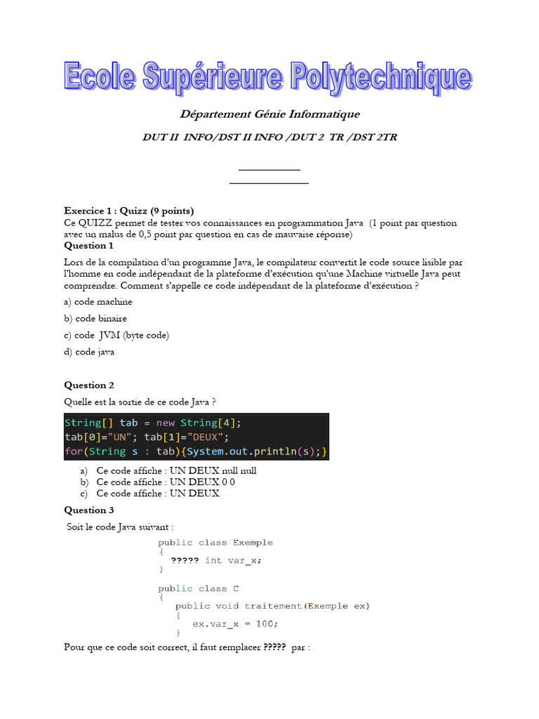 Quizz Java et Programmation Orientée Objet | PDF | Java (Langage de ...