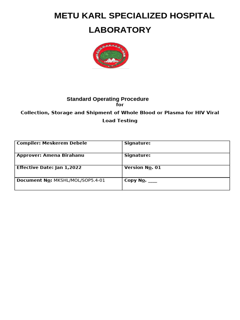 SOP for HIV Blood Specimen Handling | PDF | Blood Plasma | Medical ...