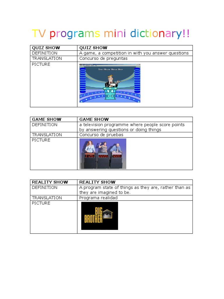 TV Programs Mini Dictionary!!!!!!!!!!!!! | PDF