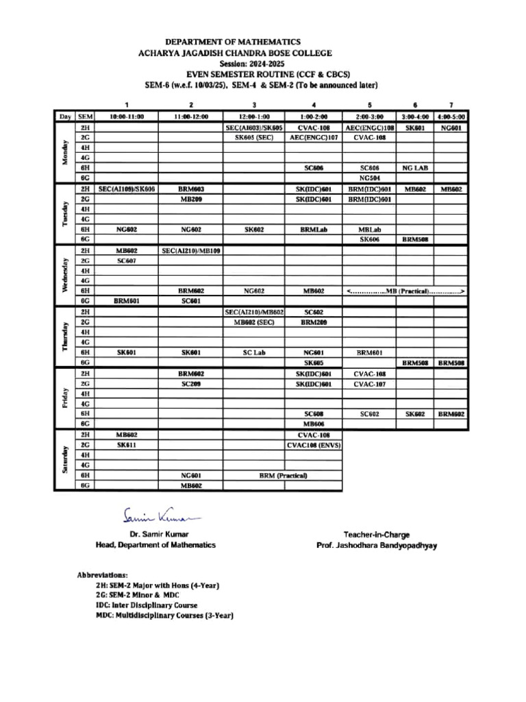 Mathematics Department Semester Routine | PDF