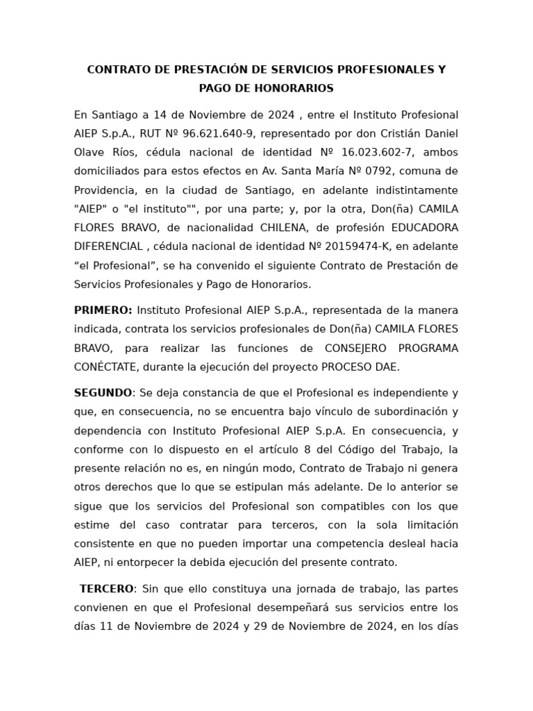 Contrato de Prestación de Servicios Profesionales y Pago de Honorarios ...