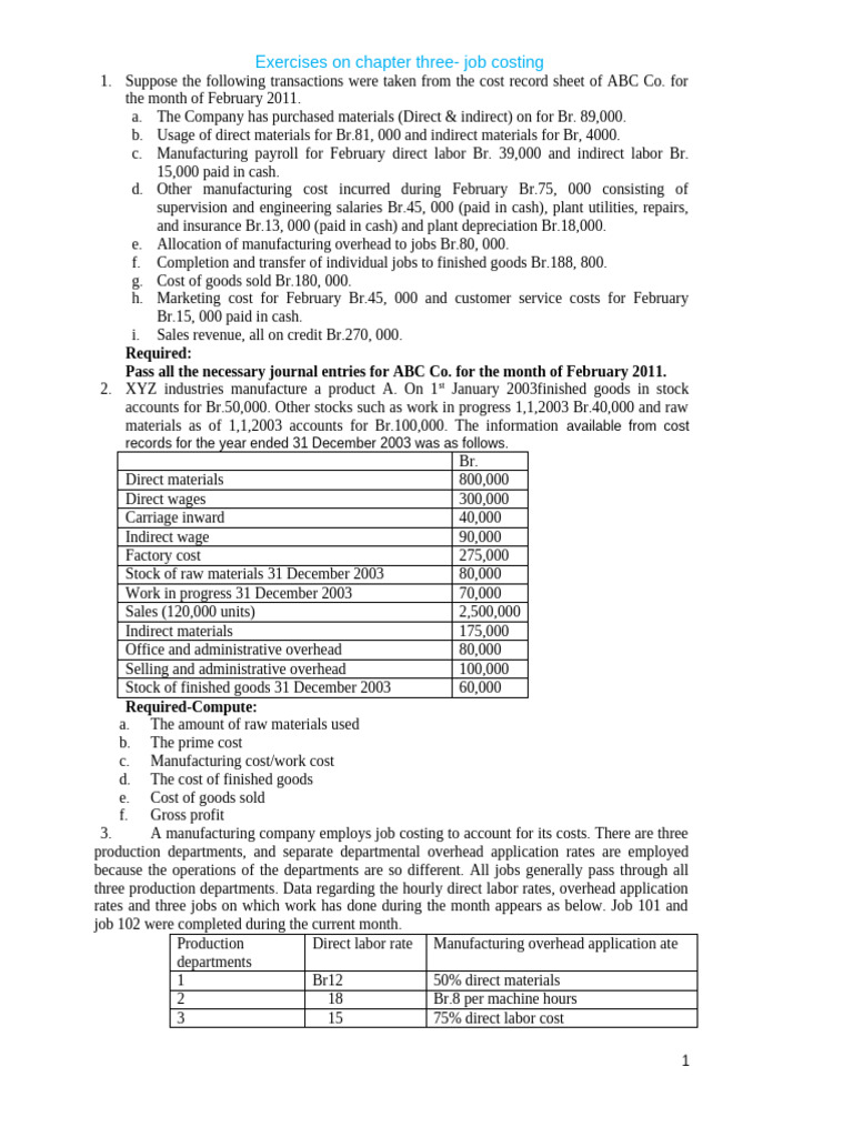 Job Costing Exercises and Journal Entries | PDF | Cost Of Goods Sold ...