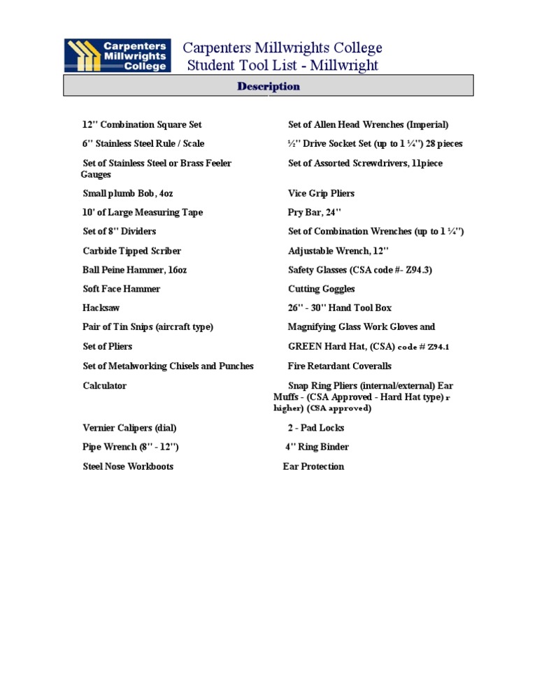 Tool List Millwright Tools Metalworking