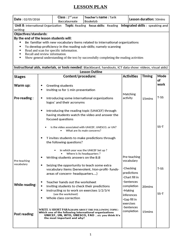 International Organizations Lesson Plan | PDF | Lesson Plan | Pedagogy