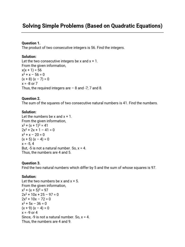 Solving--simple--problems--based-on-quadratic-equations-Solutions | PDF ...