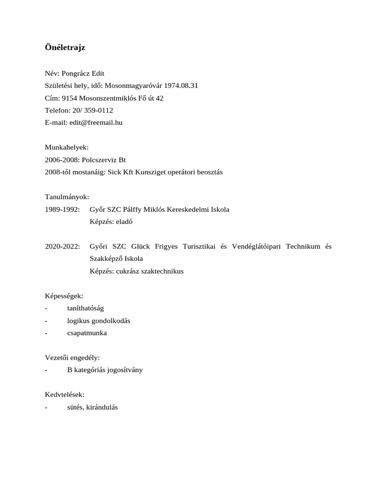 Önéletrajz Minta | PDF