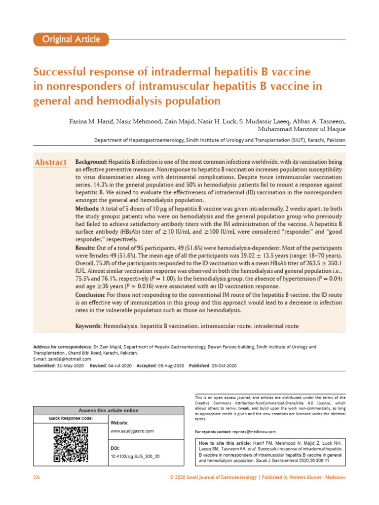 Successful Response of Intradermal Hepatitis B Vaccination | PDF ...