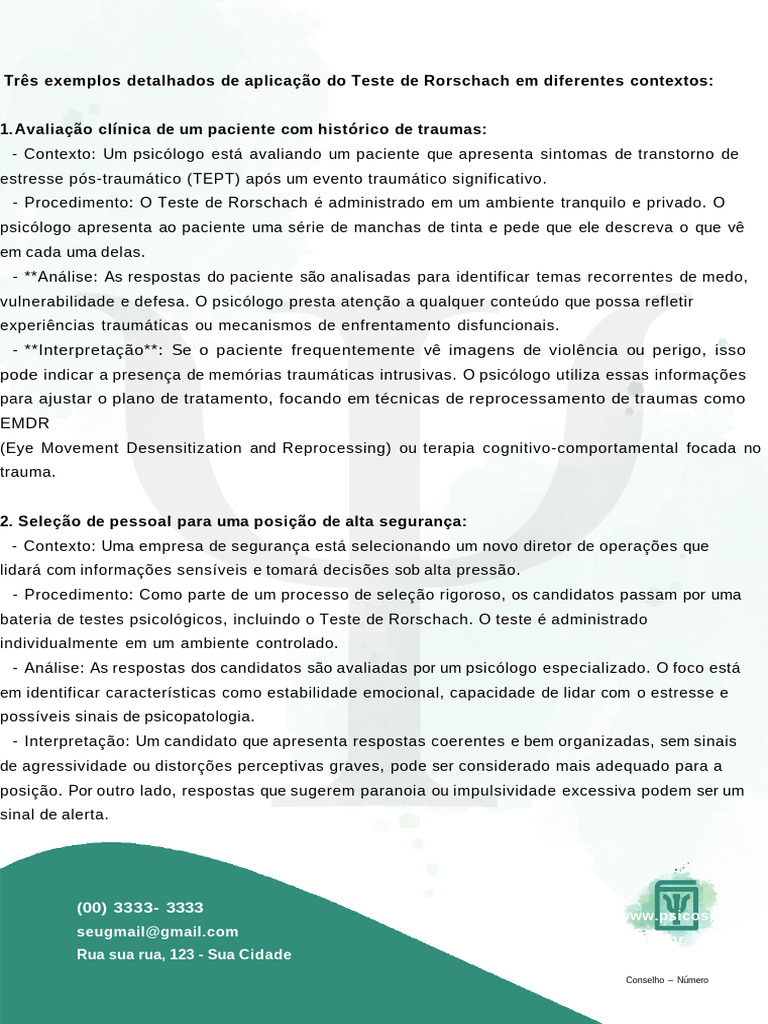 Aplicações do Teste de Rorschach | PDF | Trauma psicológico | Psicologia