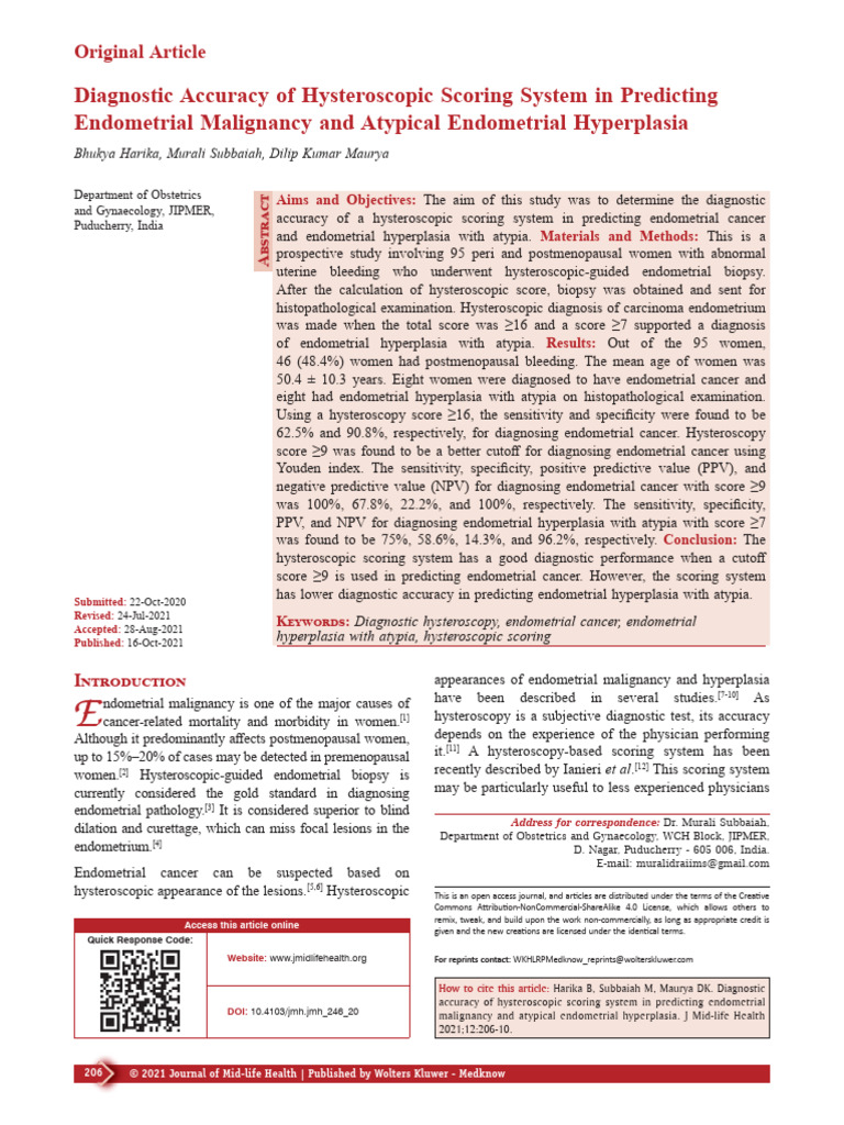 Diagnostic Accuracy of Hysteroscopic Scoring System in Predicting ...