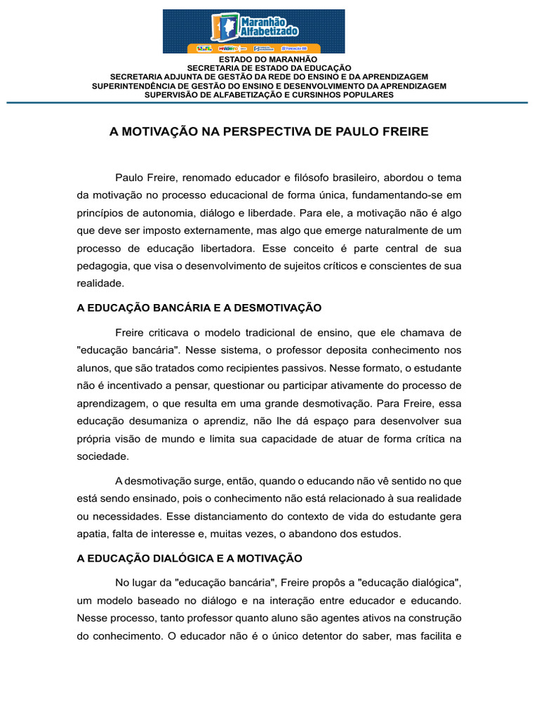 Motivação na Educação Freiriana | PDF | Aprendizado | Pedagogia