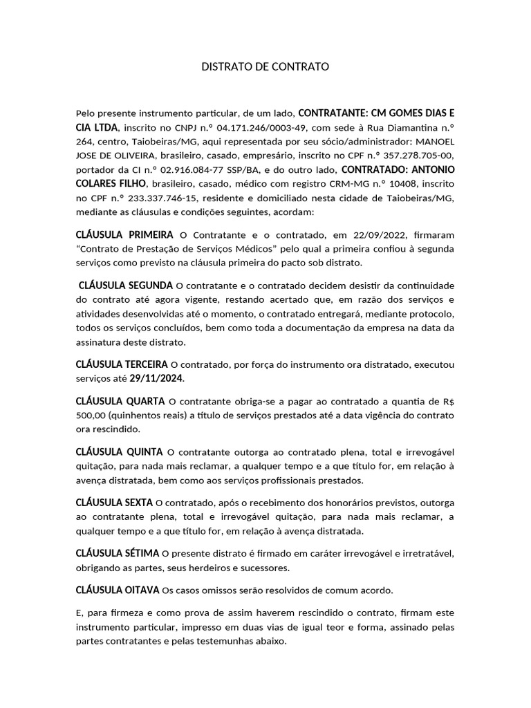 Distrato de Contrato de Prestação de Serviços | PDF