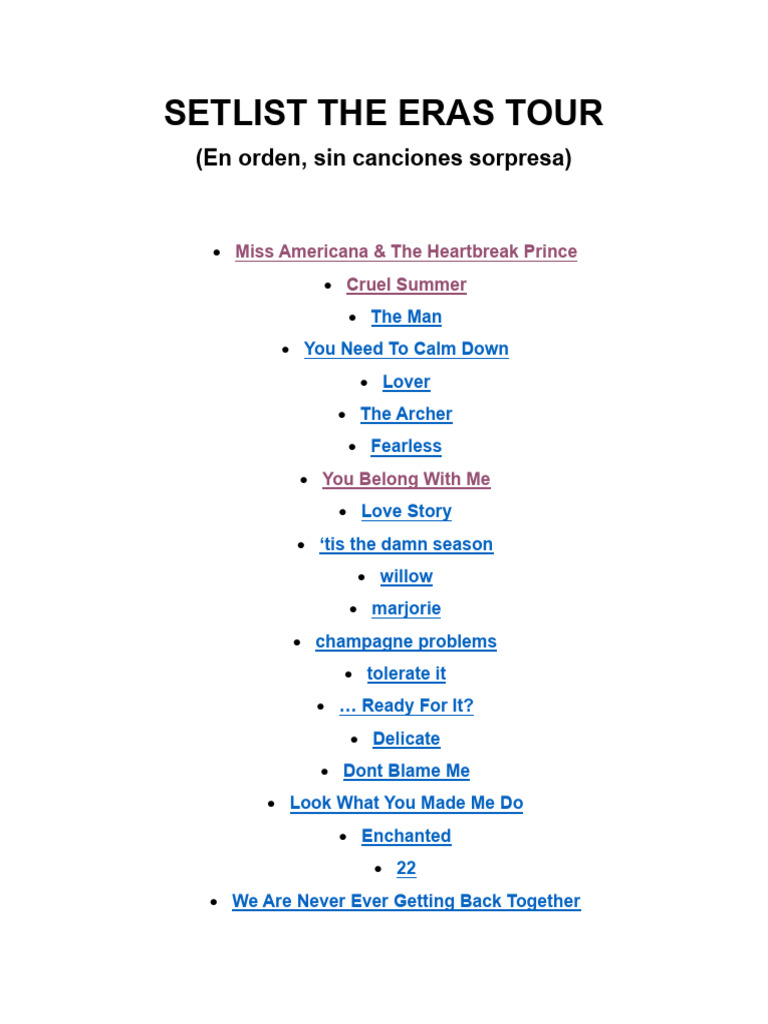 Taylor Swift Eras Tour Setlist | PDF | Song Recordings Produced ...
