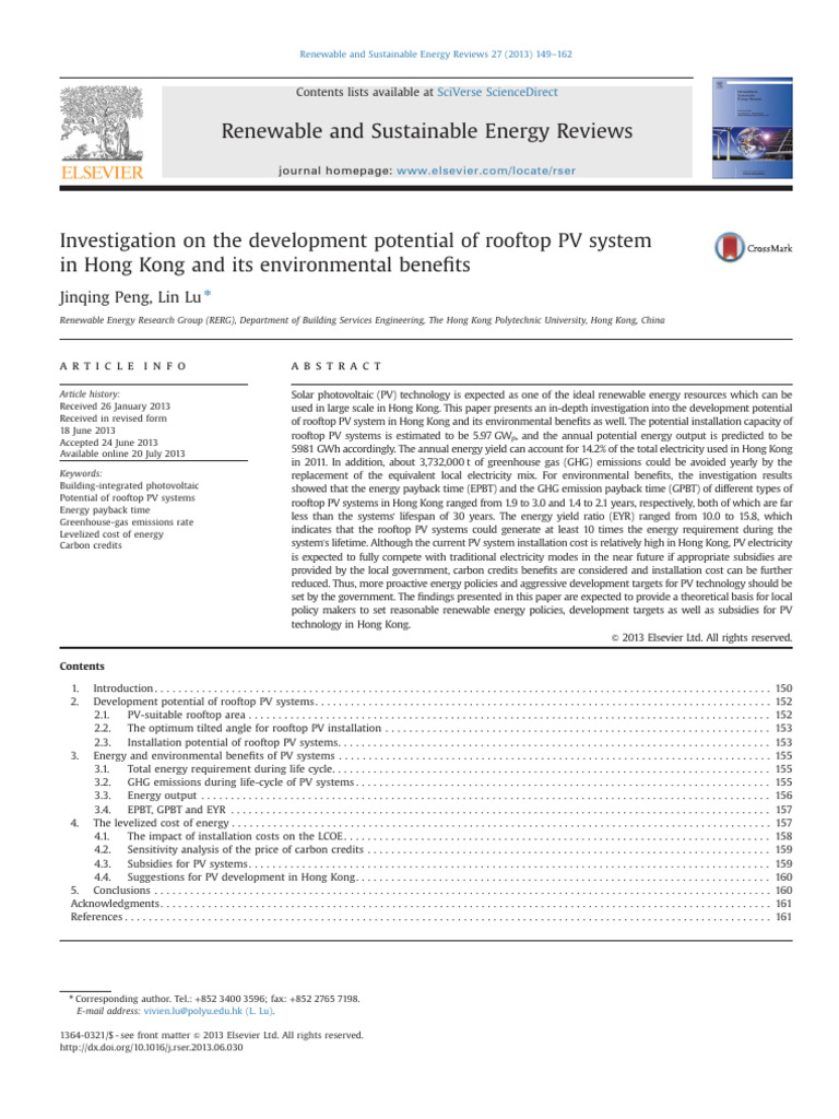 Renewable and Sustainable Energy Reviews: Jinqing Peng, Lin Lu | PDF ...