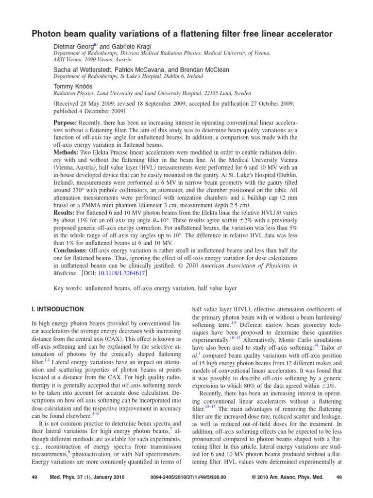 Beam Quality of Unflattened Photon Beams | PDF | Particle Accelerator ...
