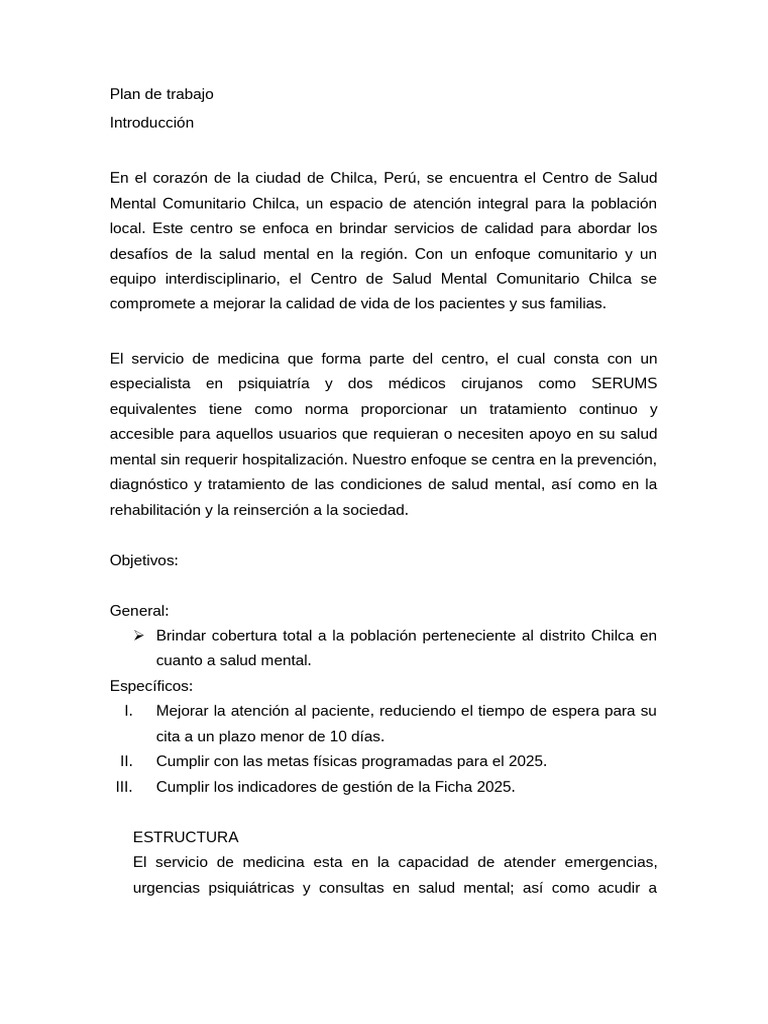 Plan de Salud Mental en Chilca, Perú | PDF | Salud mental | Hospital