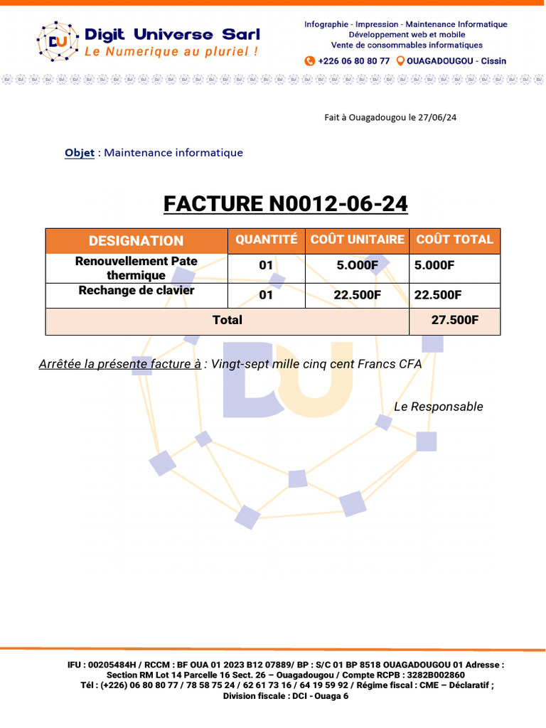 Facture de maintenance informatique N0012 | PDF