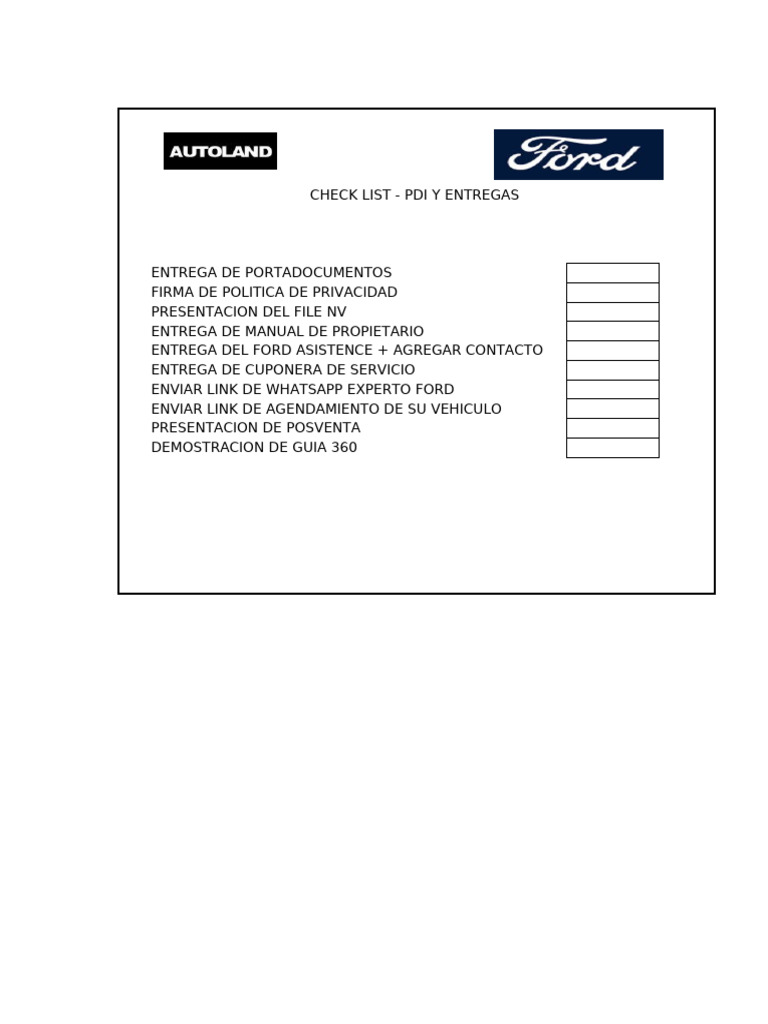 Checklist de Entregas y PDI Ford | PDF