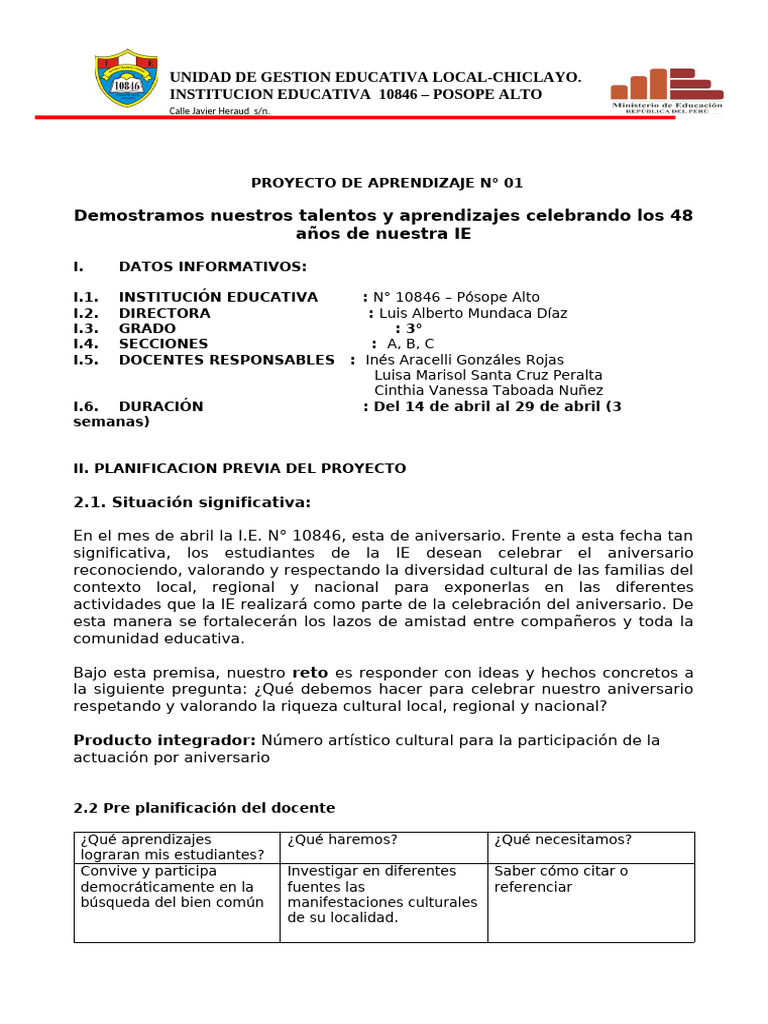 TERCER GRADO - Esquema de Proyecto de Aprendizaje | PDF | Datos ...