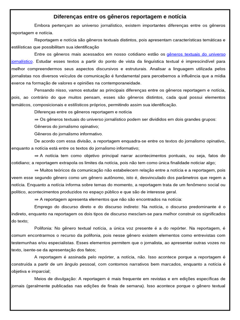 Diferenças entre Reportagem e Notícia | PDF | Jornalismo | Discurso