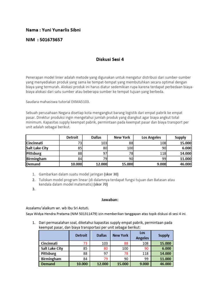 Model Linier Distribusi Biaya Transportasi | PDF