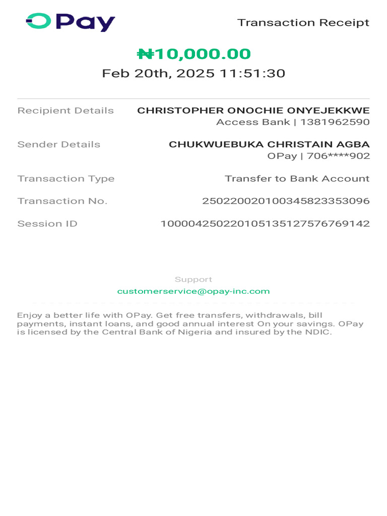 Transaction Receipt for OPay Transfer | PDF