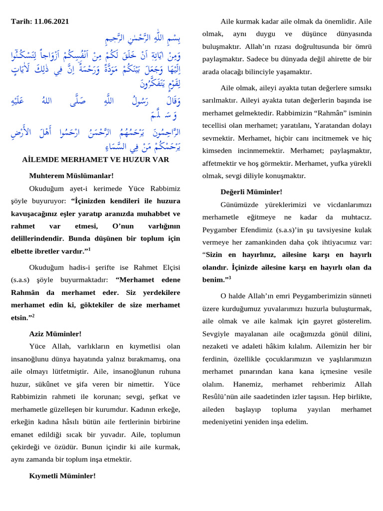 Ailemde Merhamet Ve Huzur Var | PDF