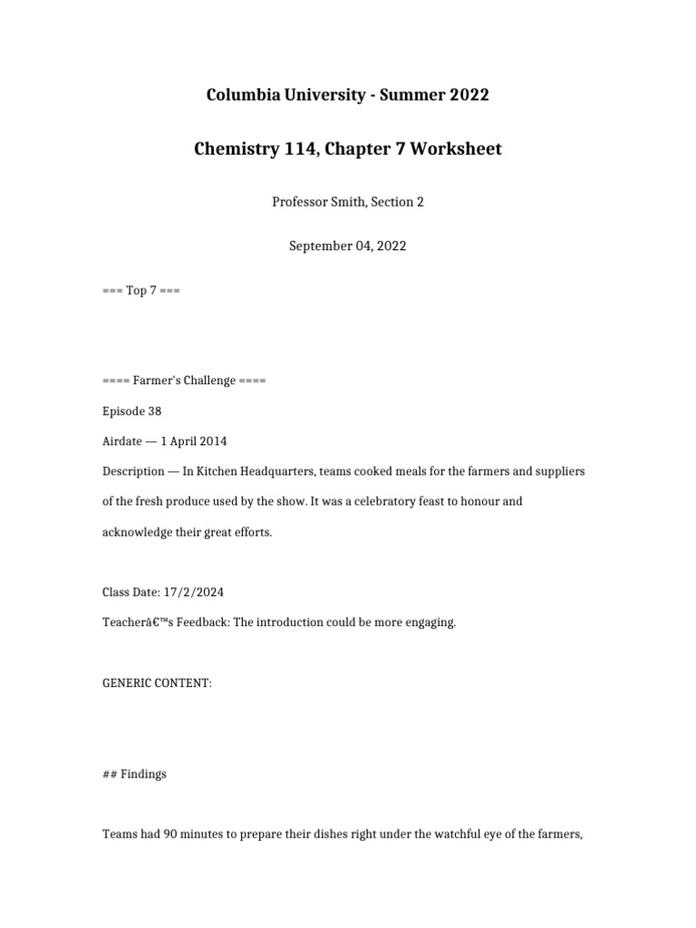 Chemistry 114 Chapter 7 Worksheet | PDF