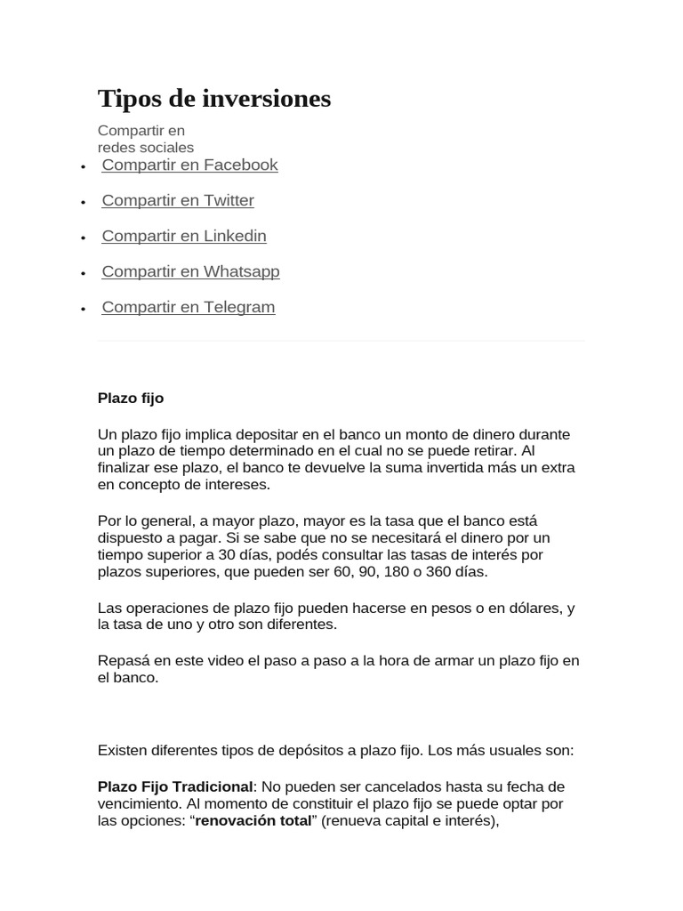 Tipos de Inversiones | PDF | Fondo de inversión | Bancos