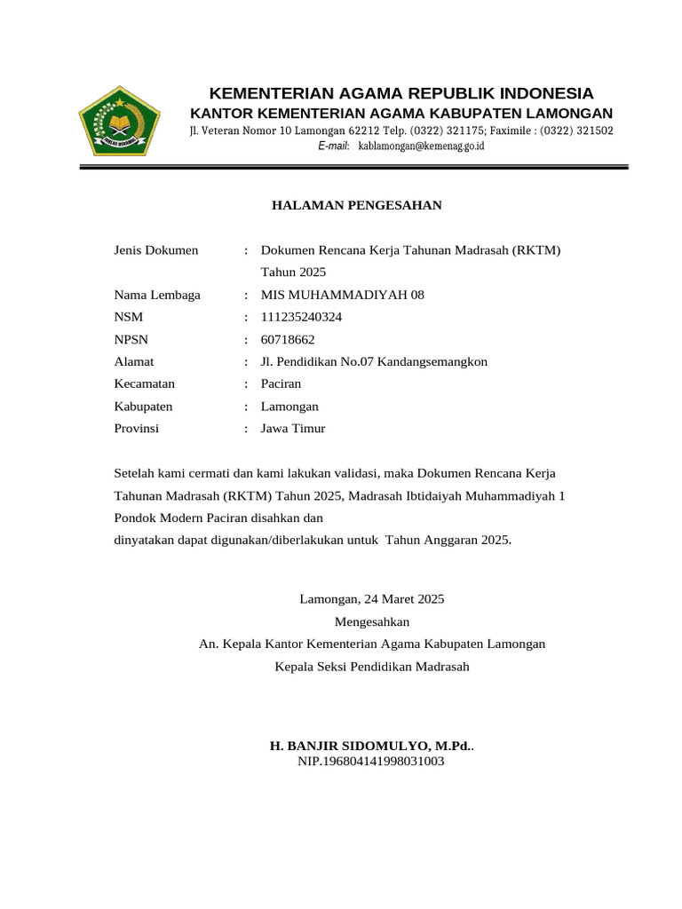 Pengesahan RKTM MIS Muhammadiyah 08 | PDF