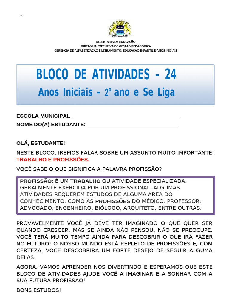 Bloco de Atividades 24 - 2o Ano e Se Liga. Trabalho e Profissoes 2 ...