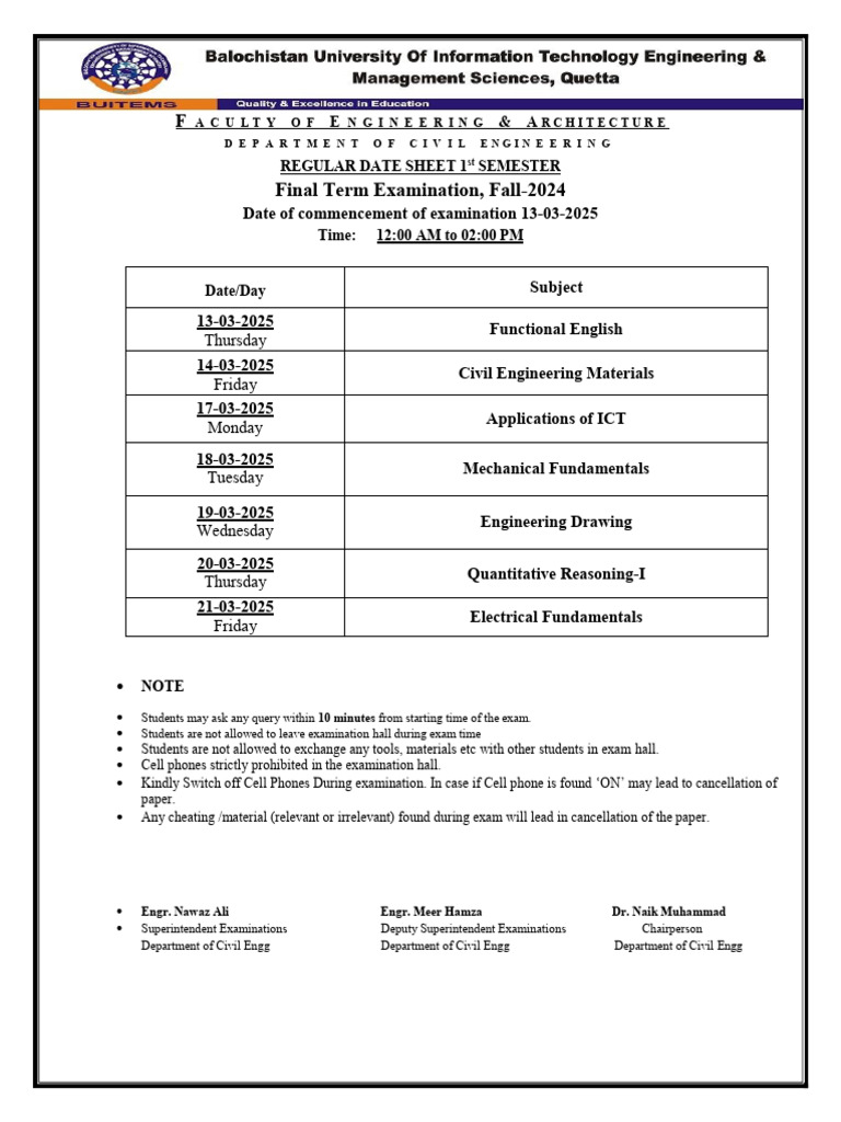 Civil Engineering 1st Semester Exam Schedule | PDF