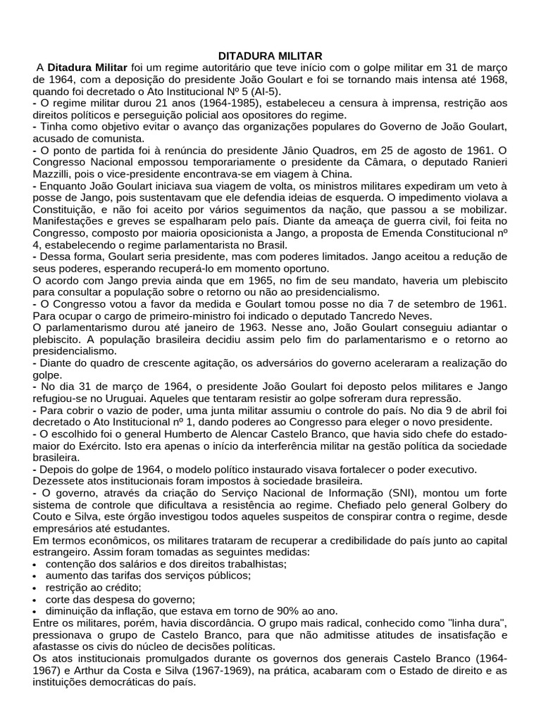 Exercícios sobre a Ditadura Militar | PDF | Governo | Brasil