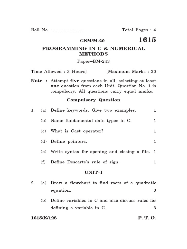 C Programming and Numerical Methods Exam | PDF | Computer Programming ...