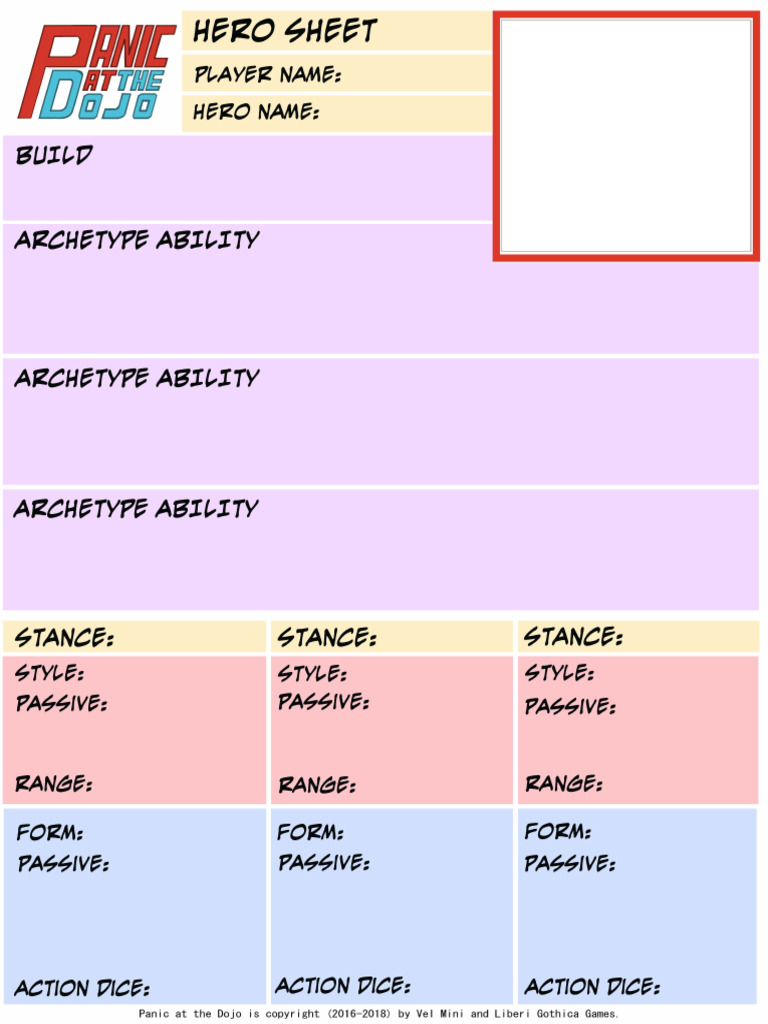 Character Sheet Panic at The Dojo Form-Fillable | PDF