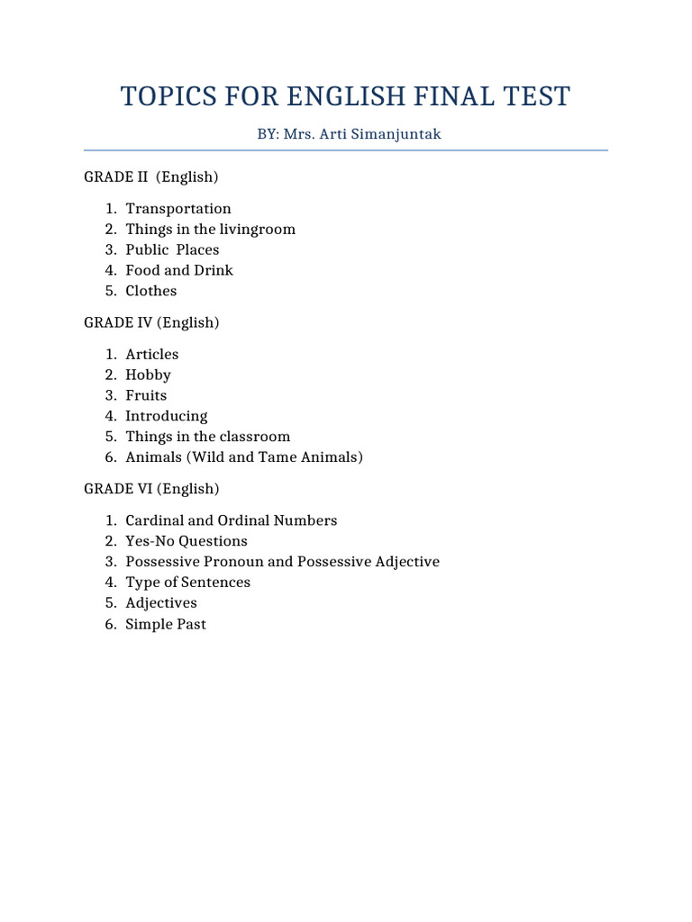 English Final Test Topics by Grade | PDF