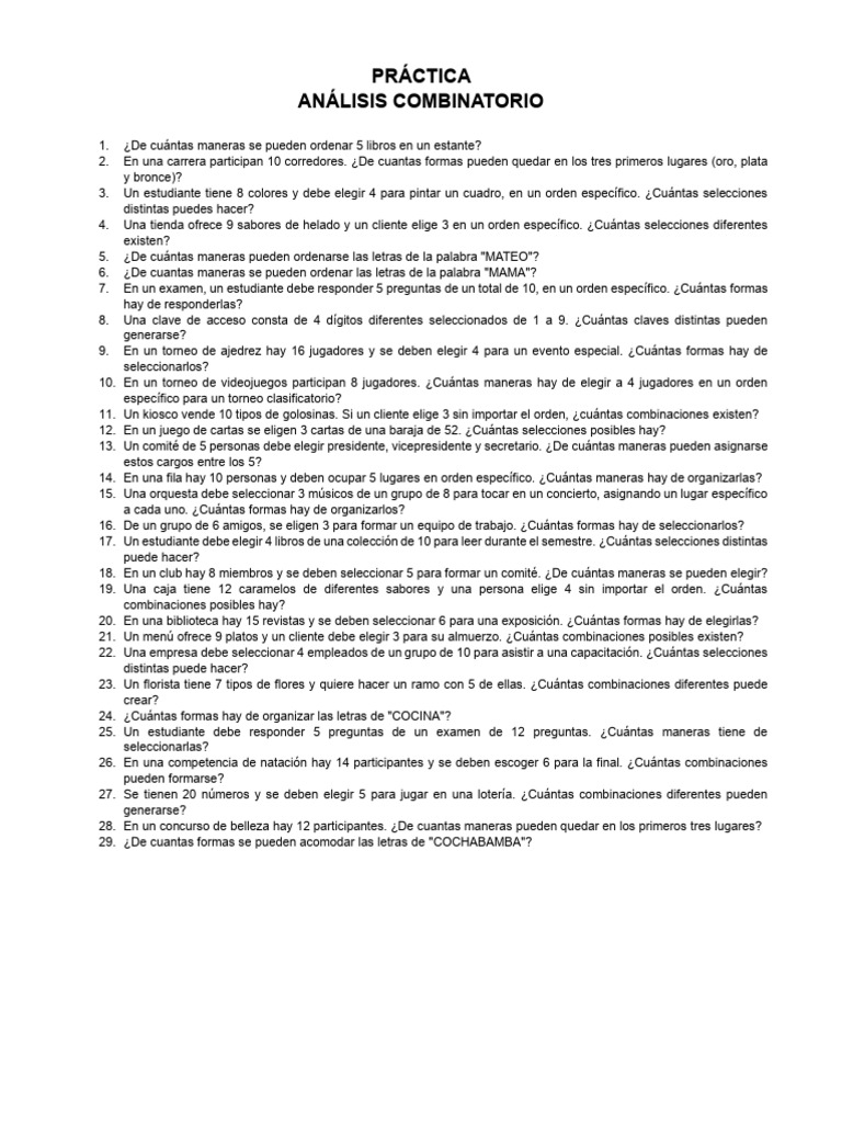 Ejercicios de Análisis Combinatorio | PDF | Combinatoria