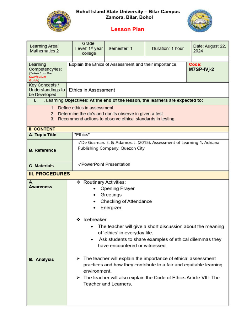 Ethics in Assessment Lesson Plan | PDF | Teachers | Learning
