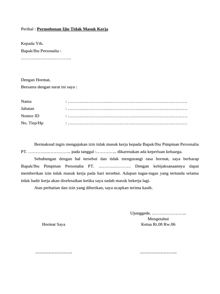Surat Ijin Tidak Masuk Kerja | PDF