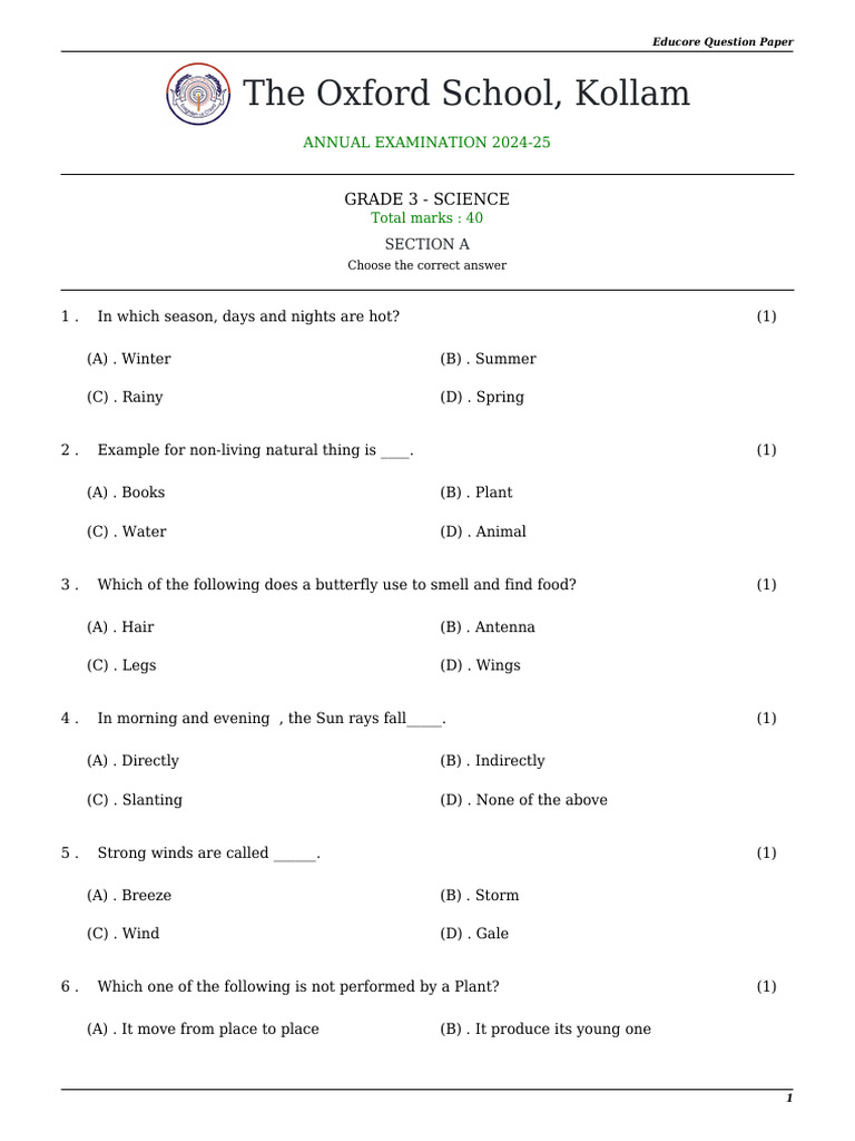 Grade 3 Science Exam Paper 2024-25 | PDF | Foods