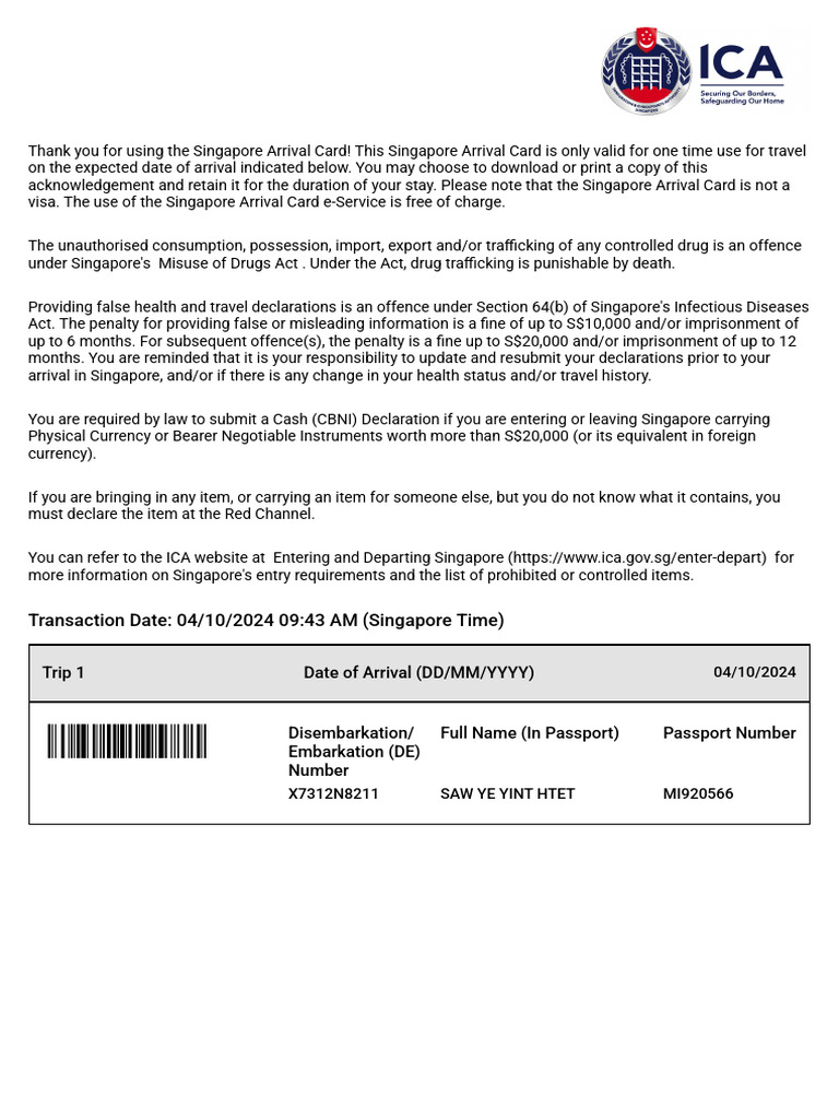 Singapore Arrival Card Instructions | PDF