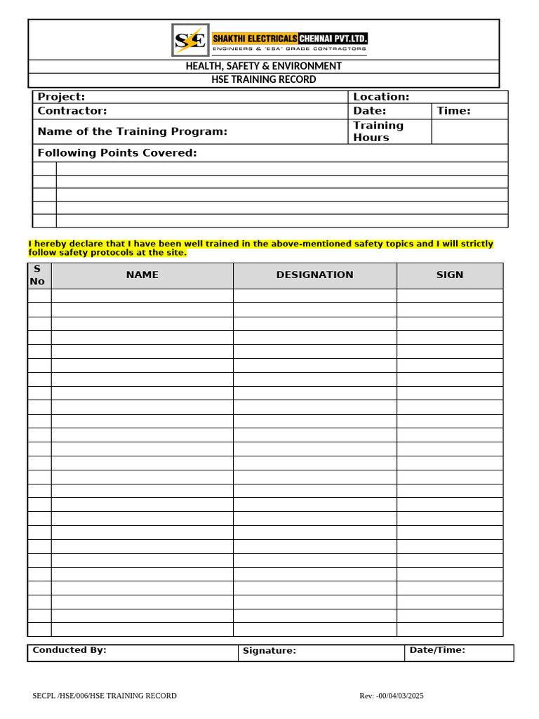 HSE Training Record Template | PDF