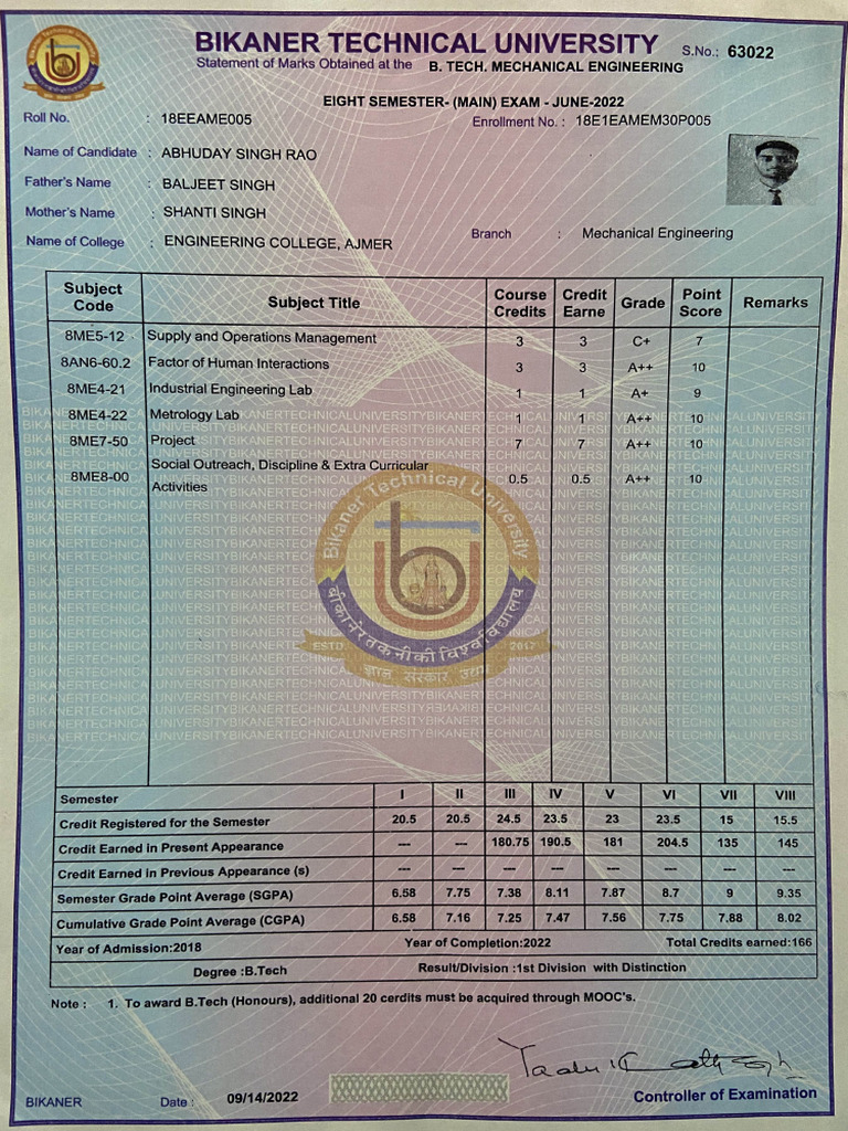 18EEAME005 All Marksheet | PDF