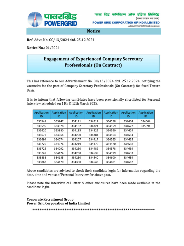 Company Secretary Interview Shortlist 2024 | PDF