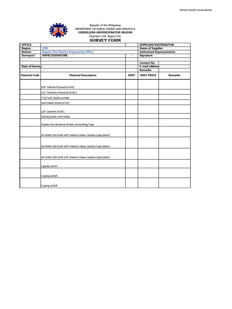 DPWH Survey Form for Building Materials | PDF