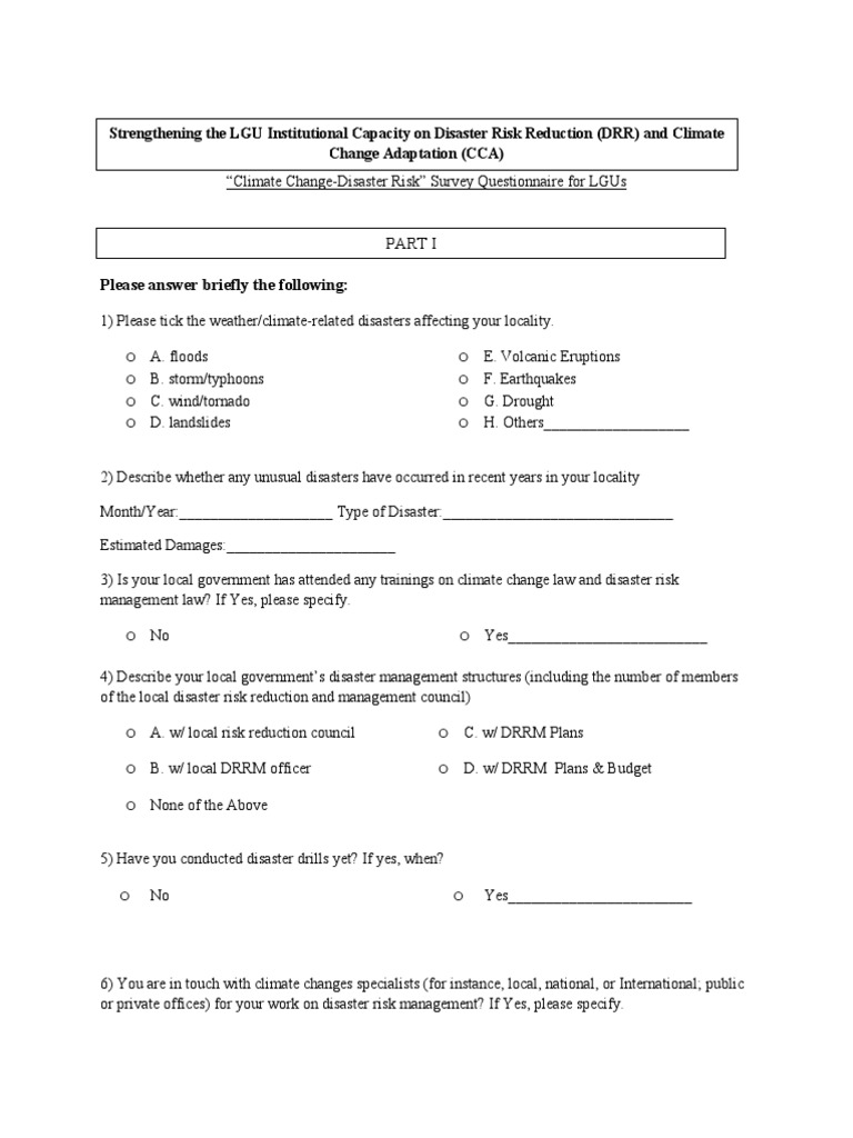 DRRM&CCA Survey Question a Ire Emergency Management Disaster Risk