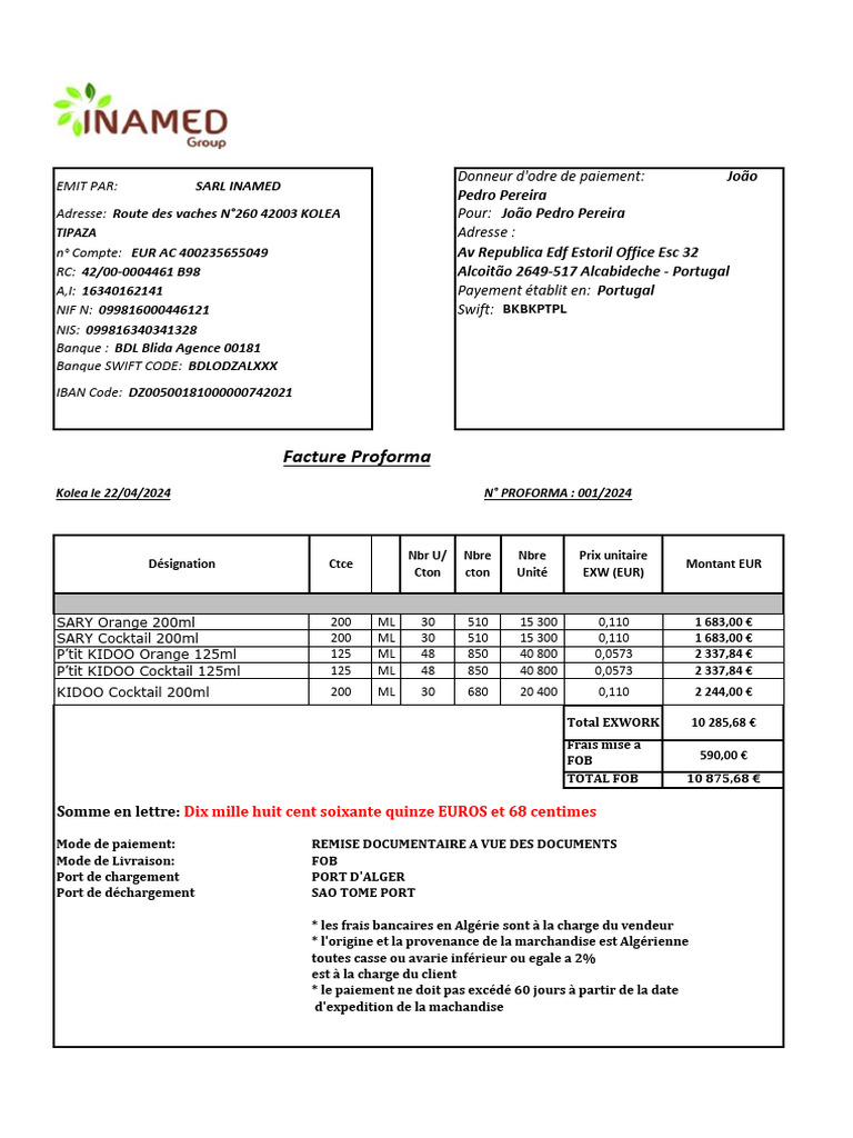Facture Proforma SARL INAMED 2024 | PDF