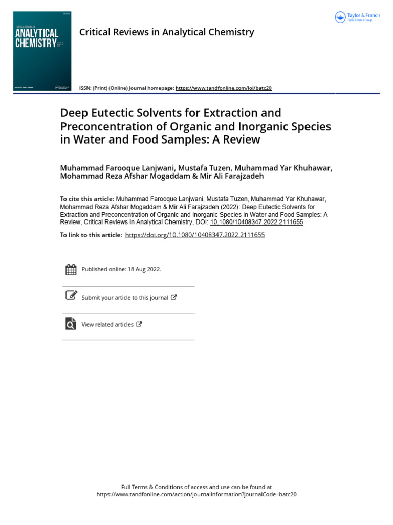 Deep Eutectic Solvents for Extraction and Preconcentration of Organic ...
