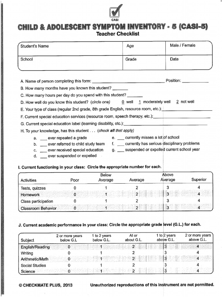 CASI-5 TEACHER Checklist - ALL AGES | PDF